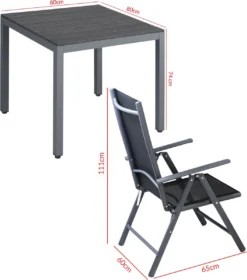 Tuinset 4 + 1 Klapstoelen Tuintafel – Aluminium 80x80cm - Grijs -Tuinmeubelen 1059x1200 1