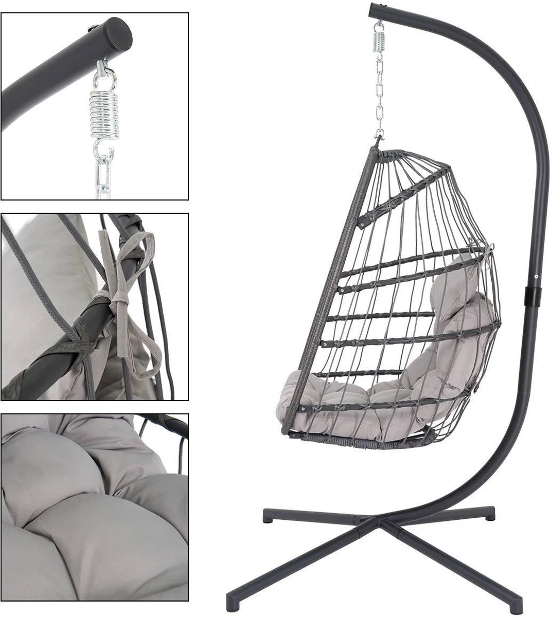 Pro Garden Lowander Hangstoel Egg 191x126x126- Schommelstoel Met Rattan Cocoon En Robuust Stalen Standaard Incl. Kussens - Volledig Inklapbaar - Lichtgrijs 12 Pro Garden Lowander Hangstoel Egg 191x126x126- Schommelstoel Met Rattan Cocoon En Robuust Stalen Standaard Incl. Kussens - Volledig Inklapbaar - Lichtgrijs - Afbeelding 12
