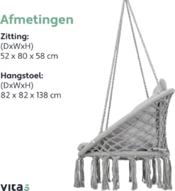 Vita5 Macramé Hangstoel - Voor Binnen En Buiten - Zonder Standaard - Incl. Kussen, Boekenvak En Beschermhoes - Tot 150kg - Grijs -Tuinmeubelen 1099x1200