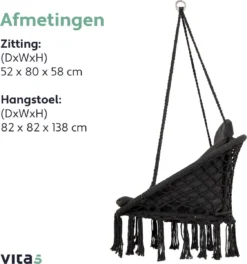 Vita5 Macramé Hangstoel - Voor Binnen En Buiten - Zonder Standaard - Incl. Kussen, Boekenvak En Beschermhoes - Tot 150kg - Zwart -Tuinmeubelen 1124x1200 2