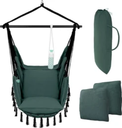 Vita5 XXL Hangstoel | Binnen&Buiten Hangnest | Incl. 2 Kussens En Boekenvak | Volwassenen&Kinderen | Hangmatstoel Tot 225kg | Donkergroen -Tuinmeubelen 1142x1200 3