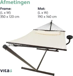 Vita5 Hangmat Met Standaard En Spreidstok – 2 Persoons – Incl. Bekerhouder - Afneembaar Kussen – Uv-bestendig – Beige -Tuinmeubelen 1152x1200