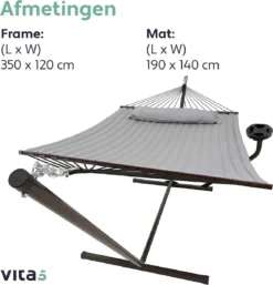 Vita5 Hangmat Met Standaard En Spreidstok – 2 Persoons – Incl. Bekerhouder - Afneembaar Kussen – Uv-bestendig – Lichtgrijs -Tuinmeubelen 1153x1200