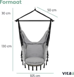 Vita5 XXL Hangstoel | Binnen&Buiten Hangnest | Incl. 2 Kussens En Boekenvak | Volwassenen&Kinderen | Hangmatstoel Tot 225kg | Grijs -Tuinmeubelen 1159x1200 1