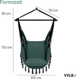 Vita5 XXL Hangstoel | Binnen&Buiten Hangnest | Incl. 2 Kussens En Boekenvak | Volwassenen&Kinderen | Hangmatstoel Tot 225kg | Donkergroen -Tuinmeubelen 1159x1200 2
