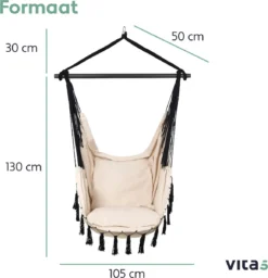 Vita5 XXL Hangstoel | Binnen&Buiten Hangnest | Incl. 2 Kussens En Boekenvak | Volwassenen&Kinderen | Hangmatstoel Tot 225kg | Beige -Tuinmeubelen 1159x1200