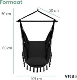 Vita5 XXL Hangstoel - Binnen&Buiten Hangnest - Incl. 2 Kussens En Boekenvak - Volwassenen&Kinderen - Hangmatstoel Tot 225kg - Zwart -Tuinmeubelen 1159x1200 3