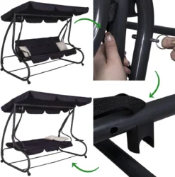 Springos Schommelbank | Linda-Schommel | 3-zits | Waterafstotend | Inclusief 2 Kussens | Verstelbare Luifel | 162 X 200 X 120 Cm | Zwart -Tuinmeubelen 1186x1200 3