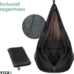 Vita5 Macramé Hangstoel - Voor Binnen En Buiten - Zonder Standaard - Incl. Kussen, Boekenvak En Beschermhoes - Tot 150kg - Zwart -Tuinmeubelen 1194x1200 4