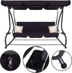 Springos Schommelbank | Linda-Schommel | 3-zits | Waterafstotend | Inclusief 2 Kussens | Verstelbare Luifel | 162 X 200 X 120 Cm | Zwart -Tuinmeubelen 1194x1200 5