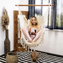 Springos Hangstoel | Binnen & Buiten | Met 2 Kussens | Boekenvak | Ook Voor Kinderen | Belastbaar Tot 150 Kg | Wit -Tuinmeubelen 1198x1200 2