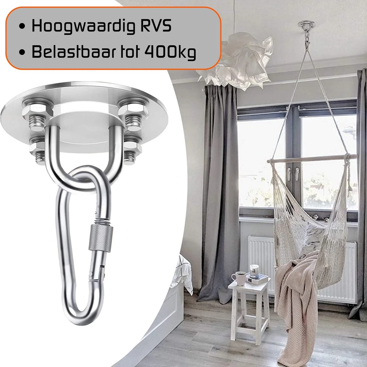 Plafondhaak – Voor Beton En Hout - Hangstoel – Hangmat – Bokszak – RVS – Binnen En Buiten – Ophangsysteem – Ophanghaak – 400KG 5 Plafondhaak – Voor Beton En Hout - Hangstoel – Hangmat – Bokszak – RVS – Binnen En Buiten – Ophangsysteem – Ophanghaak – 400KG - Afbeelding 5