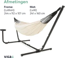 Vita5 Hangmat Met Standaard – 2 Persoons – Incl. Bekerhouder – 205kg Draaggewicht – Beige/Wit -Tuinmeubelen 1200x1068 2