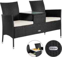 Casaria Polyrattan Tuinbank - Incl. Kussen - 143x55x88 Cm Zwart -Tuinmeubelen 1200x1101 2