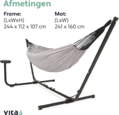 Vita5 Hangmat Met Standaard – 2 Persoons – Incl. Bekerhouder – 205kg Draaggewicht – Grijs -Tuinmeubelen 1200x1155 2