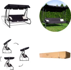 Springos Schommelbank | Linda-Schommel | 3-zits | Waterafstotend | Inclusief 2 Kussens | Verstelbare Luifel | 162 X 200 X 120 Cm | Zwart -Tuinmeubelen 1200x1171 5