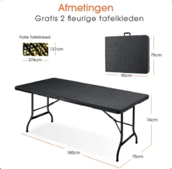 Lenx Klaptafel - Inklapbare Tafel - Opvouwbare Tuintafel - Vouwtafel - Inclusief Handvat En 2 Tafelkleden - 180x75x74cm - 6 Tot 8 Personen -Tuinmeubelen 1200x1179 4