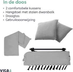 Vita5 XXL Hangstoel | Binnen&Buiten Hangnest | Incl. 2 Kussens En Boekenvak | Volwassenen&Kinderen | Hangmatstoel Tot 225kg | Grijs -Tuinmeubelen 1200x1181 1