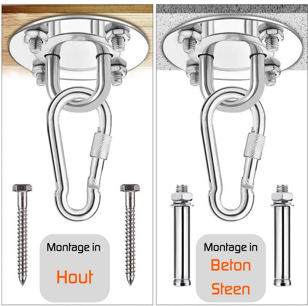Plafondhaak – Voor Beton En Hout - Hangstoel – Hangmat – Bokszak – RVS – Binnen En Buiten – Ophangsysteem – Ophanghaak – 400KG 3 Plafondhaak – Voor Beton En Hout - Hangstoel – Hangmat – Bokszak – RVS – Binnen En Buiten – Ophangsysteem – Ophanghaak – 400KG - Afbeelding 3