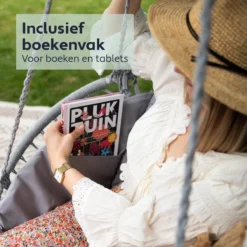 Vita5 Macramé Hangstoel - Voor Binnen En Buiten - Zonder Standaard - Incl. Kussen, Boekenvak En Beschermhoes - Tot 150kg - Grijs -Tuinmeubelen 1200x1200 123