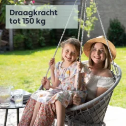 Vita5 Macramé Hangstoel - Voor Binnen En Buiten - Zonder Standaard - Incl. Kussen, Boekenvak En Beschermhoes - Tot 150kg - Grijs -Tuinmeubelen 1200x1200 125