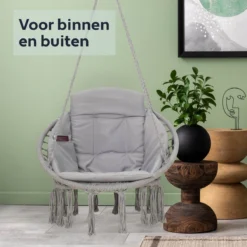 Vita5 Macramé Hangstoel - Voor Binnen En Buiten - Zonder Standaard - Incl. Kussen, Boekenvak En Beschermhoes - Tot 150kg - Grijs -Tuinmeubelen 1200x1200 128