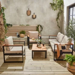 Loungeset 5 Plaatsen Van Aluminium En Eucalyptus – NAZCA – Antraciet Structuur, Lichtgrijs Kussens -Tuinmeubelen 1200x1200 1334