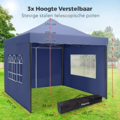 LifeGoods Partytent - 3x3 M - Zijwanden - Easy Up - Opvouwbaar - Waterdicht - Draagtas Met Wieltjes - Donkerblauw -Tuinmeubelen 1200x1200 210