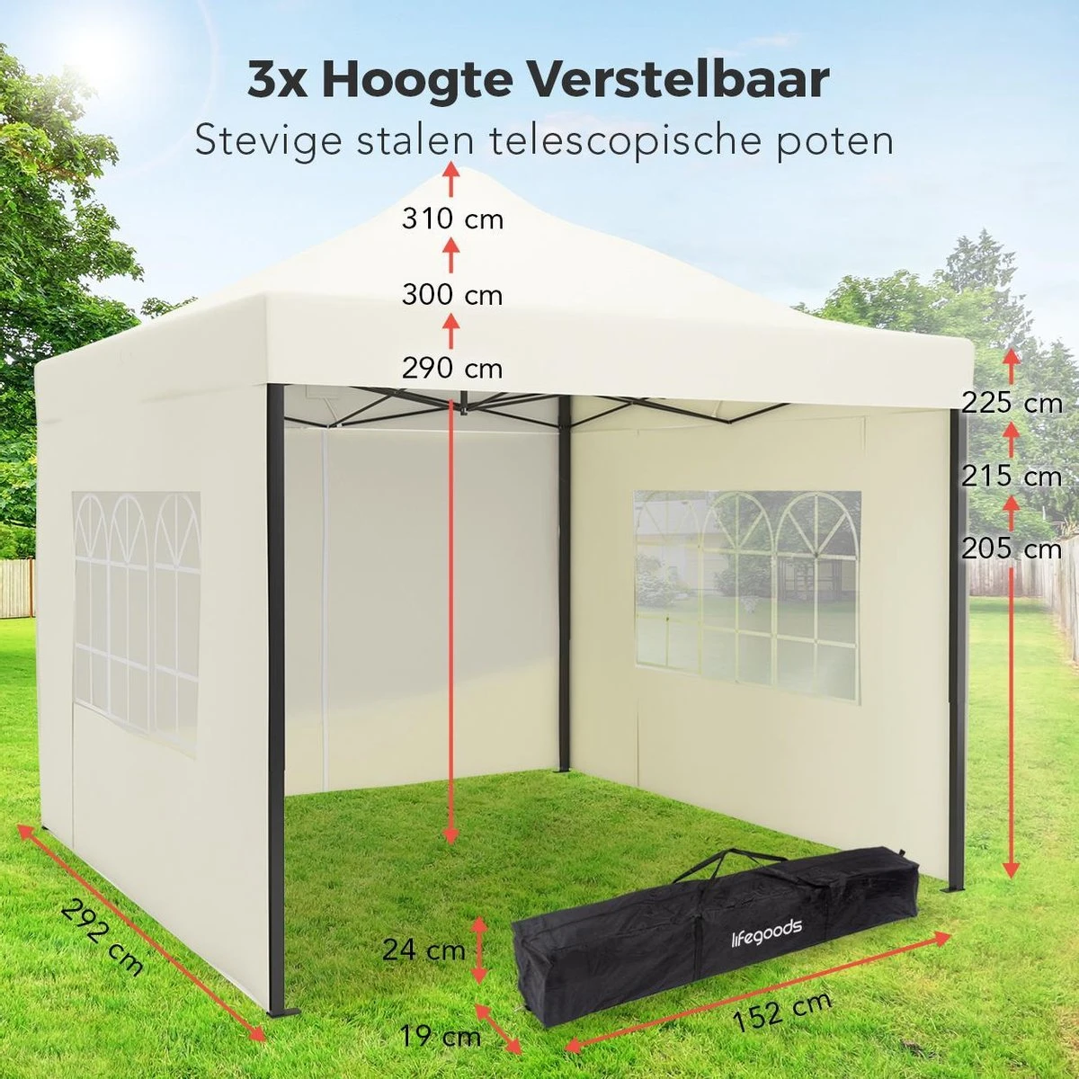 LifeGoods Partytent - 3x3 M - Zijwanden - Easy Up - Opvouwbaar - Waterdicht - Draagtas Met Wieltjes - Beige 3 LifeGoods Partytent - 3x3 M - Zijwanden - Easy Up - Opvouwbaar - Waterdicht - Draagtas Met Wieltjes - Beige - Afbeelding 3