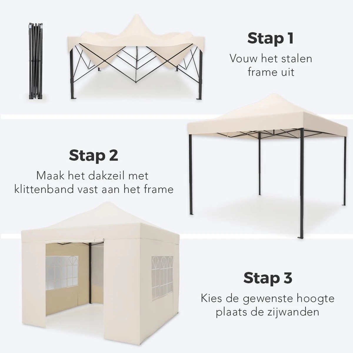 LifeGoods Partytent - 3x3 M - Zijwanden - Easy Up - Opvouwbaar - Waterdicht - Draagtas Met Wieltjes - Beige 4 LifeGoods Partytent - 3x3 M - Zijwanden - Easy Up - Opvouwbaar - Waterdicht - Draagtas Met Wieltjes - Beige - Afbeelding 4
