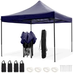 LifeGoods Partytent - 3x3 M - Easy Up - Opvouwbaar - Waterdicht - Draagtas Met Wieltjes - Donkerblauw