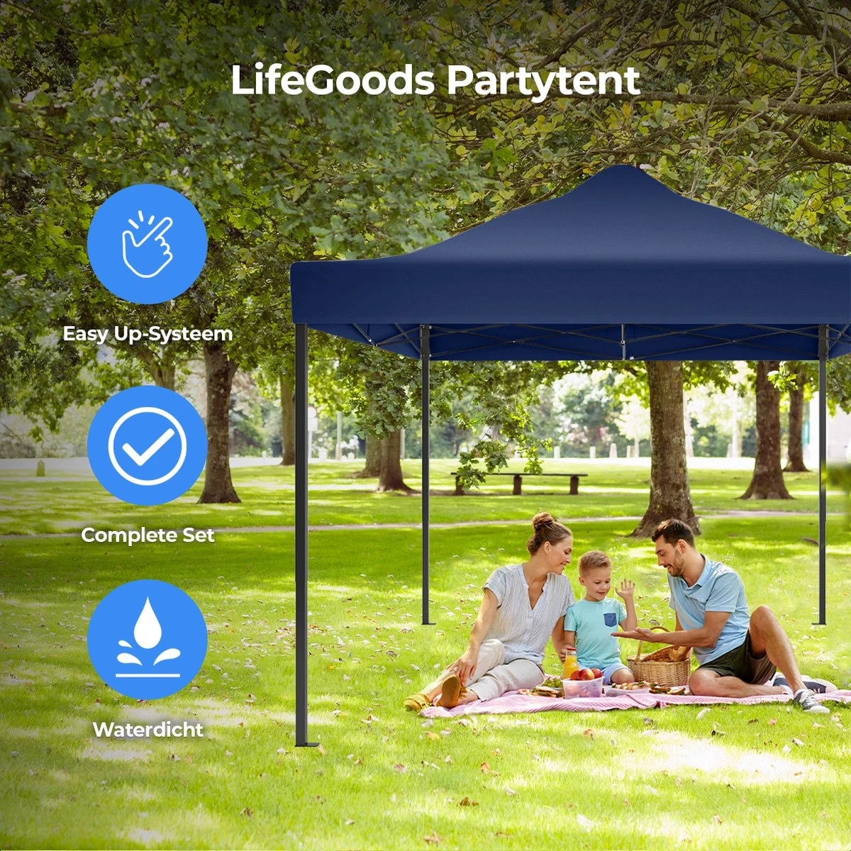 LifeGoods Partytent - 3x4.5 M - Easy Up - Opvouwbaar - Waterdicht - Draagtas Met Wieltjes - Donkerblauw 4 LifeGoods Partytent - 3x4.5 M - Easy Up - Opvouwbaar - Waterdicht - Draagtas Met Wieltjes - Donkerblauw - Afbeelding 4