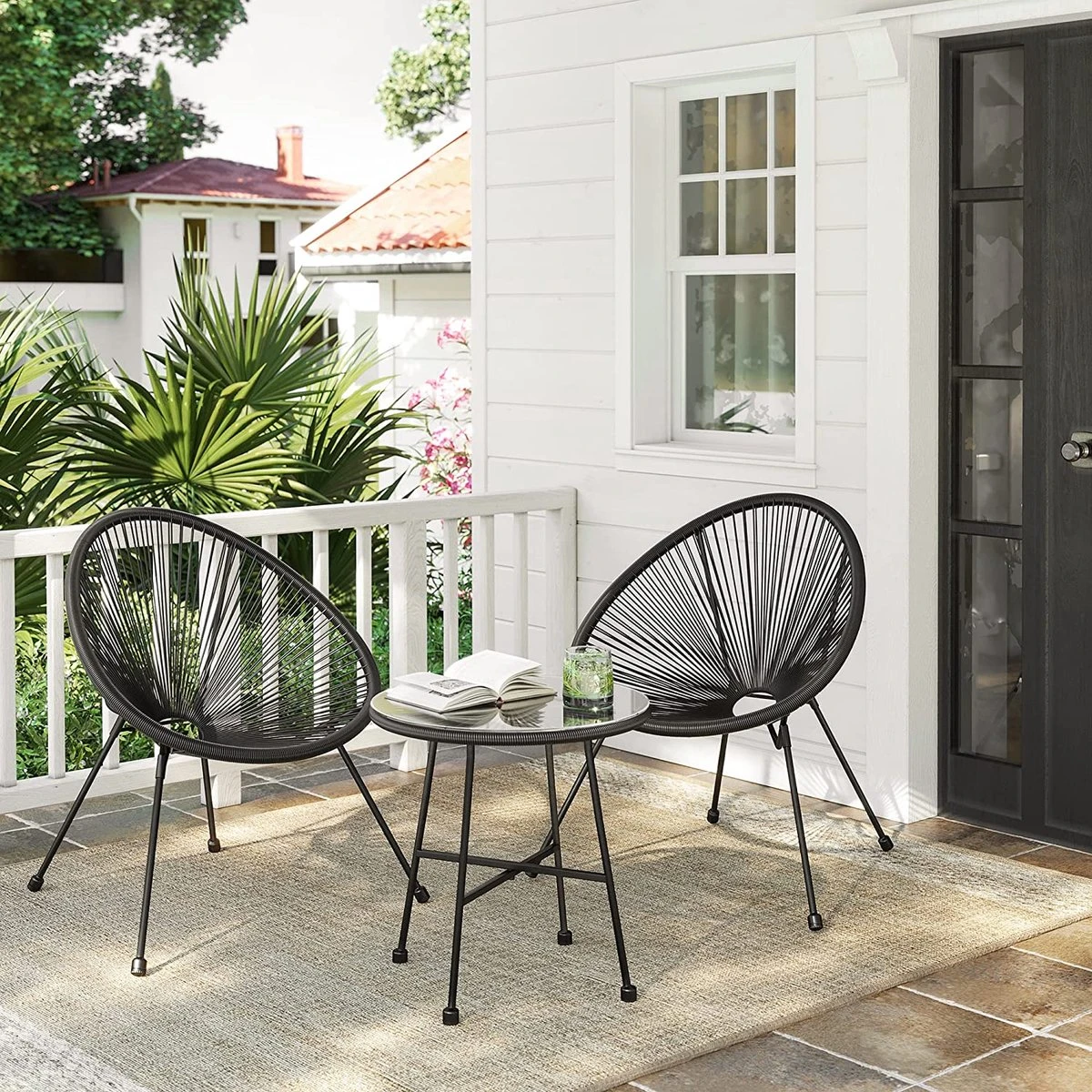 Songmics Balkonmeubilair, Tuinmeubelset, Set Van 3, Zitgroep, Terrasmeubilair, Glazen Tafelblad, 2 Stoelen, Voor Binnen En Buiten, Voor Patio, Tuin, Balkon, Buiten, Zwart GGF013B02 5 Songmics Balkonmeubilair, Tuinmeubelset, Set Van 3, Zitgroep, Terrasmeubilair, Glazen Tafelblad, 2 Stoelen, Voor Binnen En Buiten, Voor Patio, Tuin, Balkon, Buiten, Zwart GGF013B02 - Afbeelding 5