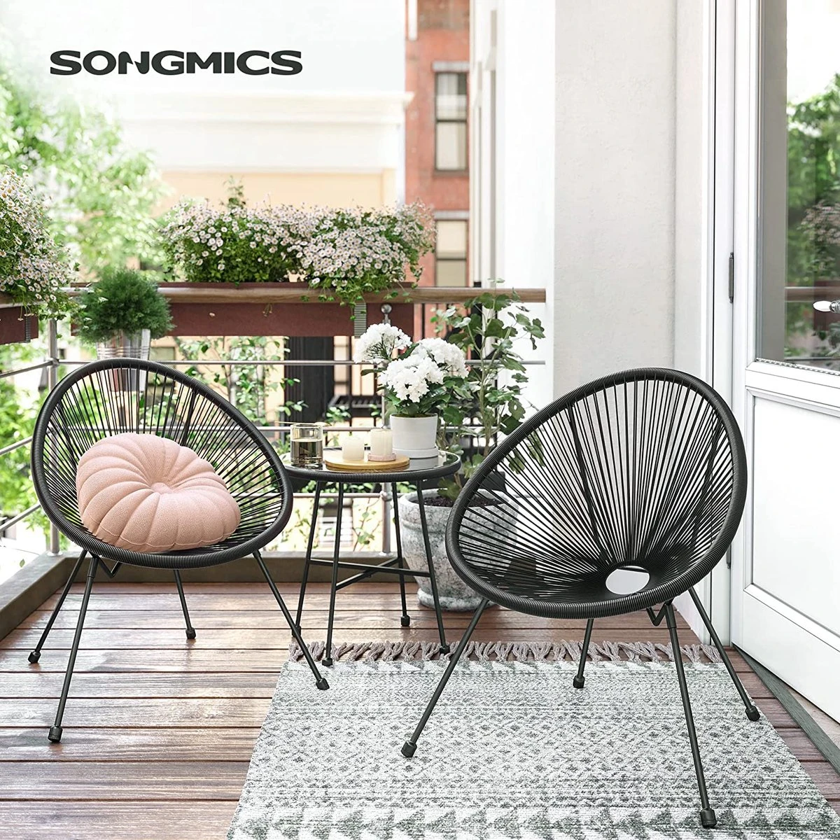 Songmics Balkonmeubilair, Tuinmeubelset, Set Van 3, Zitgroep, Terrasmeubilair, Glazen Tafelblad, 2 Stoelen, Voor Binnen En Buiten, Voor Patio, Tuin, Balkon, Buiten, Zwart GGF013B02 8 Songmics Balkonmeubilair, Tuinmeubelset, Set Van 3, Zitgroep, Terrasmeubilair, Glazen Tafelblad, 2 Stoelen, Voor Binnen En Buiten, Voor Patio, Tuin, Balkon, Buiten, Zwart GGF013B02 - Afbeelding 8
