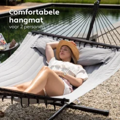 Vita5 Hangmat Met Standaard En Spreidstok – 2 Persoons – Incl. Bekerhouder - Afneembaar Kussen – Uv-bestendig – Lichtgrijs -Tuinmeubelen 1200x1200 574