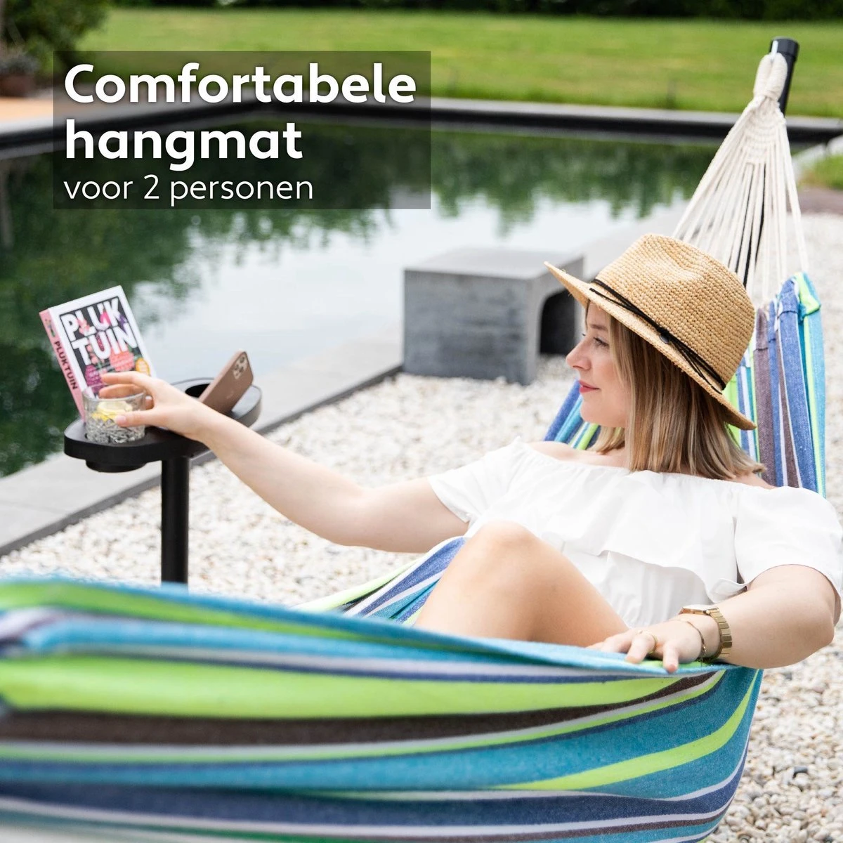 Vita5 Hangmat Met Standaard – 2 Persoons – Incl. Bekerhouder – 205kg Draaggewicht – Groen/Blauw 4 Vita5 Hangmat Met Standaard – 2 Persoons – Incl. Bekerhouder – 205kg Draaggewicht – Groen/Blauw - Afbeelding 4