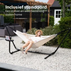 Vita5 Hangmat Met Standaard – 2 Persoons – Incl. Bekerhouder – 205kg Draaggewicht – Beige/Wit -Tuinmeubelen 1200x1200 621