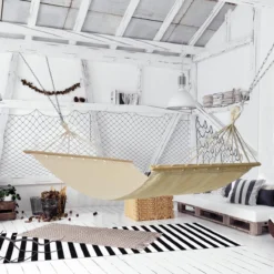 Merkloos Hangmat - Incl Bevestigingshaak - Met Spreidstok - Beige - Comfortabel - Met Karabijnhaak