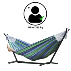 Hangmat Met Standaard En Opbergtas – 2 Persoons – Max. Draaggewicht 200Kg – Hangmatset – Hangmatten – Hang Mat Voor Binnen En Buiten – Hangmatstandaard – Hammock – Blauw / Groen -Tuinmeubelen 1200x1200 632