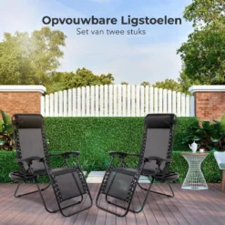 LifeGoods Opvouwbare Tuinstoelen - Verstelbaar Zonnescherm - 2 Stuks - 30°-90° Verstelbaar - Metaal - Zwart -Tuinmeubelen 1200x1200 66