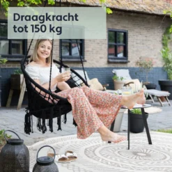 Vita5 Macramé Hangstoel - Voor Binnen En Buiten - Zonder Standaard - Incl. Kussen, Boekenvak En Beschermhoes - Tot 150kg - Zwart -Tuinmeubelen 1200x1200 808