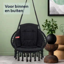 Vita5 Macramé Hangstoel - Voor Binnen En Buiten - Zonder Standaard - Incl. Kussen, Boekenvak En Beschermhoes - Tot 150kg - Zwart -Tuinmeubelen 1200x1200 809
