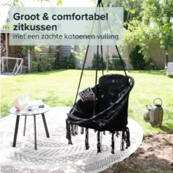 Vita5 Macramé Hangstoel - Voor Binnen En Buiten - Zonder Standaard - Incl. Kussen, Boekenvak En Beschermhoes - Tot 150kg - Zwart -Tuinmeubelen 1200x1200 810