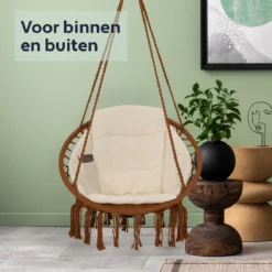 Vita5 Macramé Hangstoel - Voor Binnen En Buiten - Zonder Standaard - Incl. Kussen, Boekenvak En Beschermhoes - Tot 150kg - Bruin/Beige -Tuinmeubelen 1200x1200 861