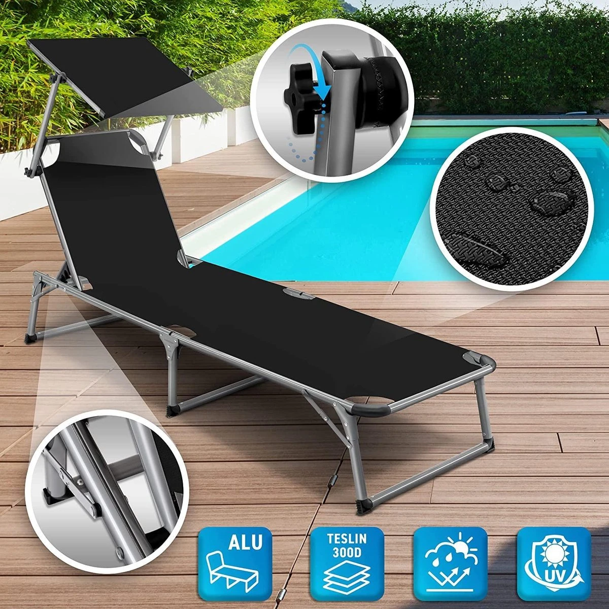 Sens Design Zonnebed - Ligbed Inklapbaar Met Zonneklep - Zwart 5 Sens Design Zonnebed - Ligbed Inklapbaar Met Zonneklep - Zwart - Afbeelding 5