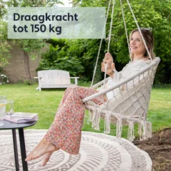 Vita5 Macramé Hangstoel - Voor Binnen En Buiten - Zonder Standaard - Incl. Kussen, Boekenvak En Beschermhoes - Tot 150kg - Beige -Tuinmeubelen 1200x1200 918