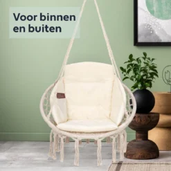 Vita5 Macramé Hangstoel - Voor Binnen En Buiten - Zonder Standaard - Incl. Kussen, Boekenvak En Beschermhoes - Tot 150kg - Beige -Tuinmeubelen 1200x1200 919