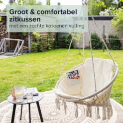 Vita5 Macramé Hangstoel - Voor Binnen En Buiten - Zonder Standaard - Incl. Kussen, Boekenvak En Beschermhoes - Tot 150kg - Beige -Tuinmeubelen 1200x1200 920