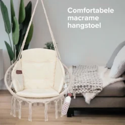 Vita5 Macramé Hangstoel - Voor Binnen En Buiten - Zonder Standaard - Incl. Kussen, Boekenvak En Beschermhoes - Tot 150kg - Beige -Tuinmeubelen 1200x1200 921