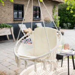 Vita5 Macramé Hangstoel - Voor Binnen En Buiten - Zonder Standaard - Incl. Kussen, Boekenvak En Beschermhoes - Tot 150kg - Beige -Tuinmeubelen 1200x1200 922